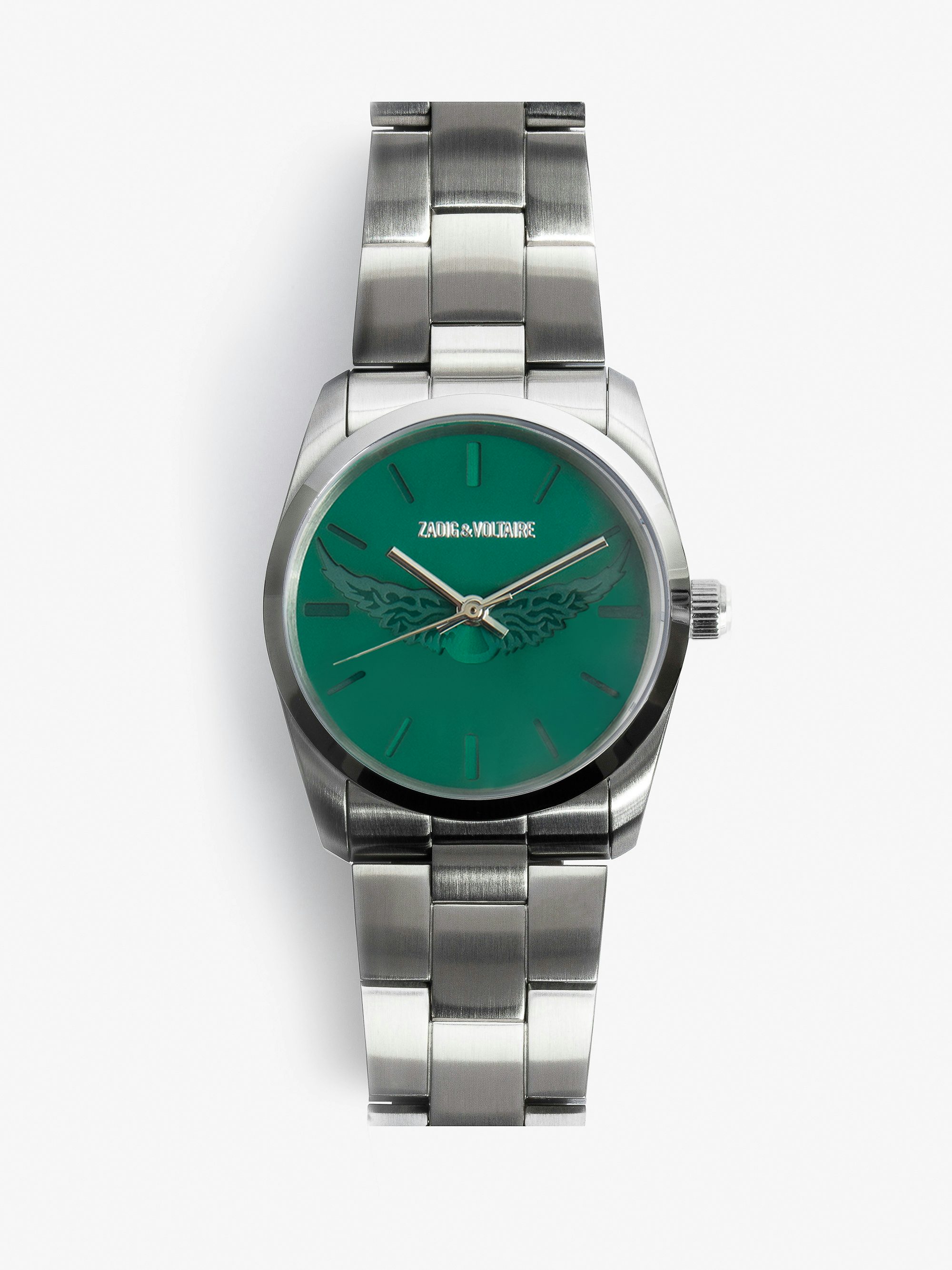 Zadig Wings Watch - Stainless steel watch with green dial and wing motifs.
